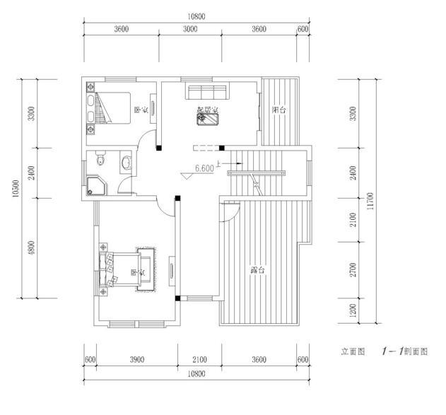 建筑立面图: 屋顶平面图: 一层设有车库、老人房、客厅、餐厅;老人房位于房屋西北处,与公共卫生间相连,厨房在楼梯拐角,与室内其它活动区域分隔而开.