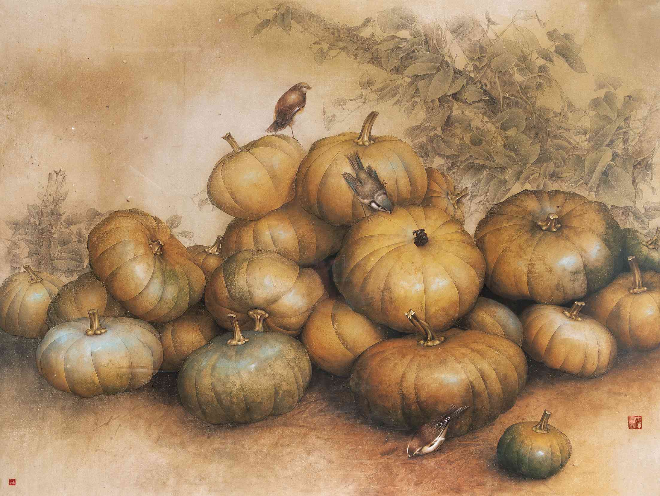 南瓜尺寸:90×119cm钤印:申伟画印传统的工艺花鸟从题材内容到形式