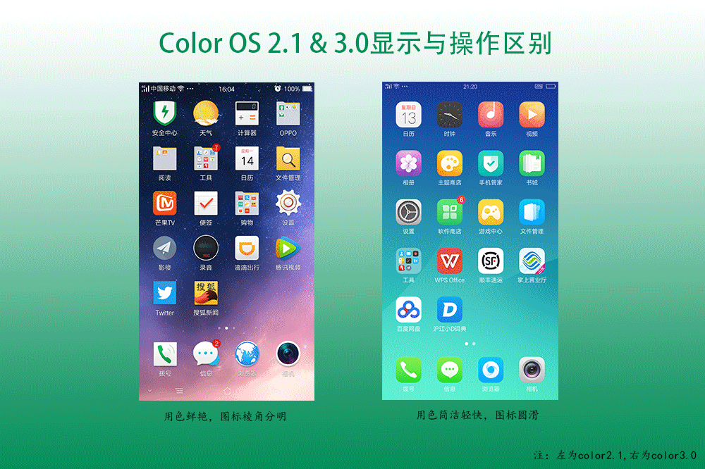 color os 2.1与3.0系统操作区别