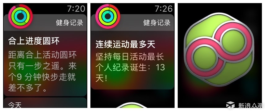 苹果的运动环分为卡路里/运动/站立,经常会提醒你,经常会有各种成就