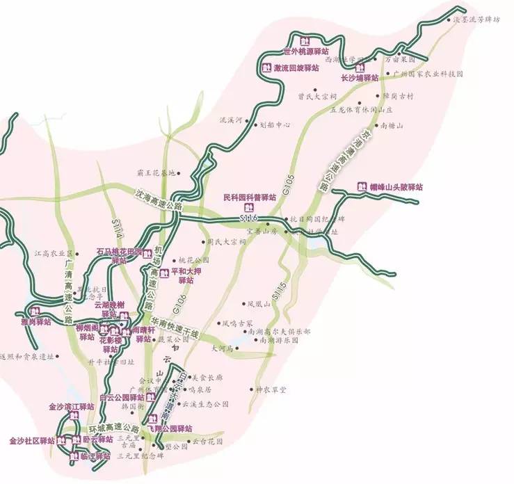 白云绿道围绕流溪河,白云湖,石井河,金沙洲,帽峰山等脉络,勾勒成