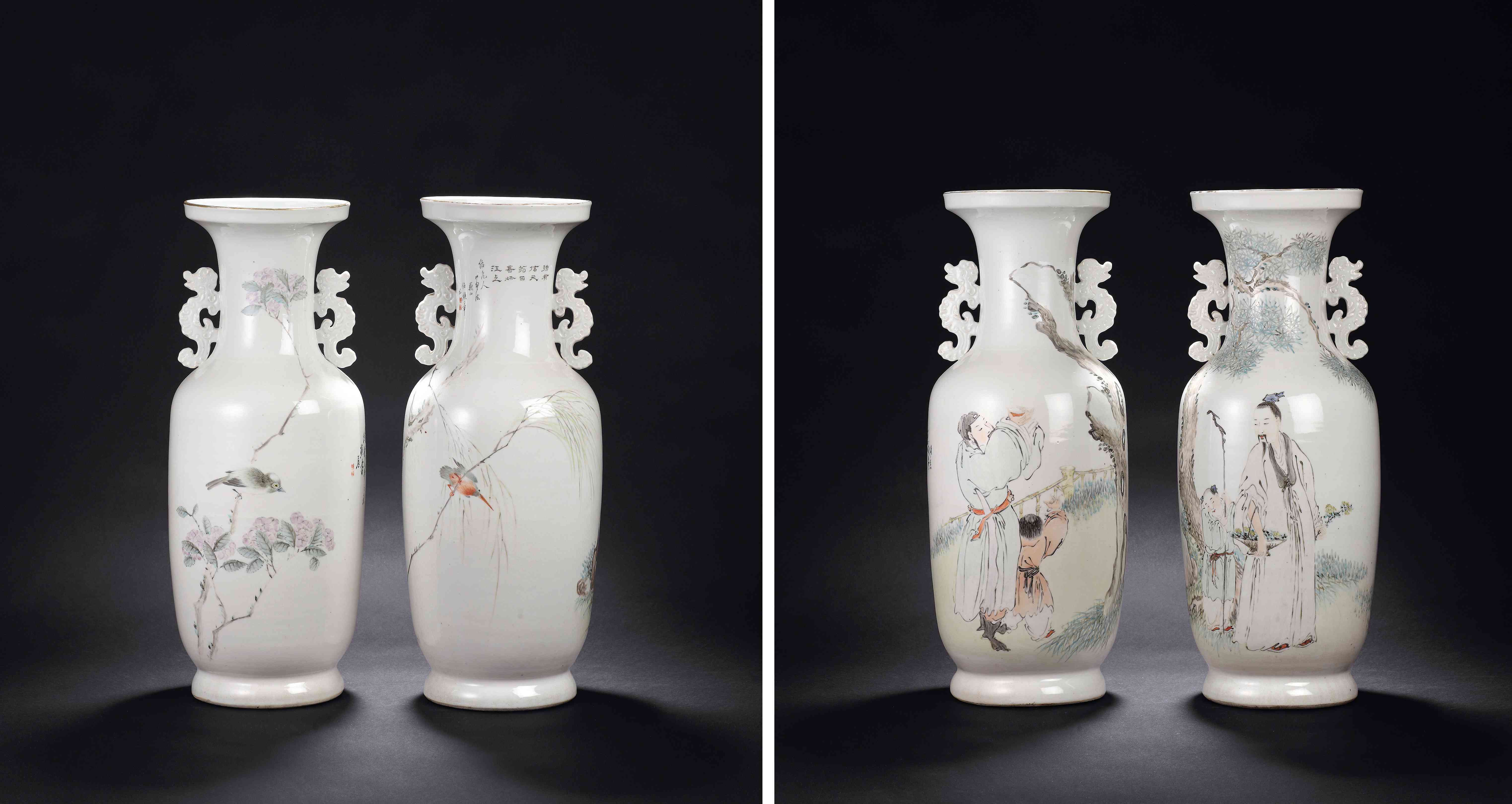 任焕章浅绛彩人物花鸟大瓶