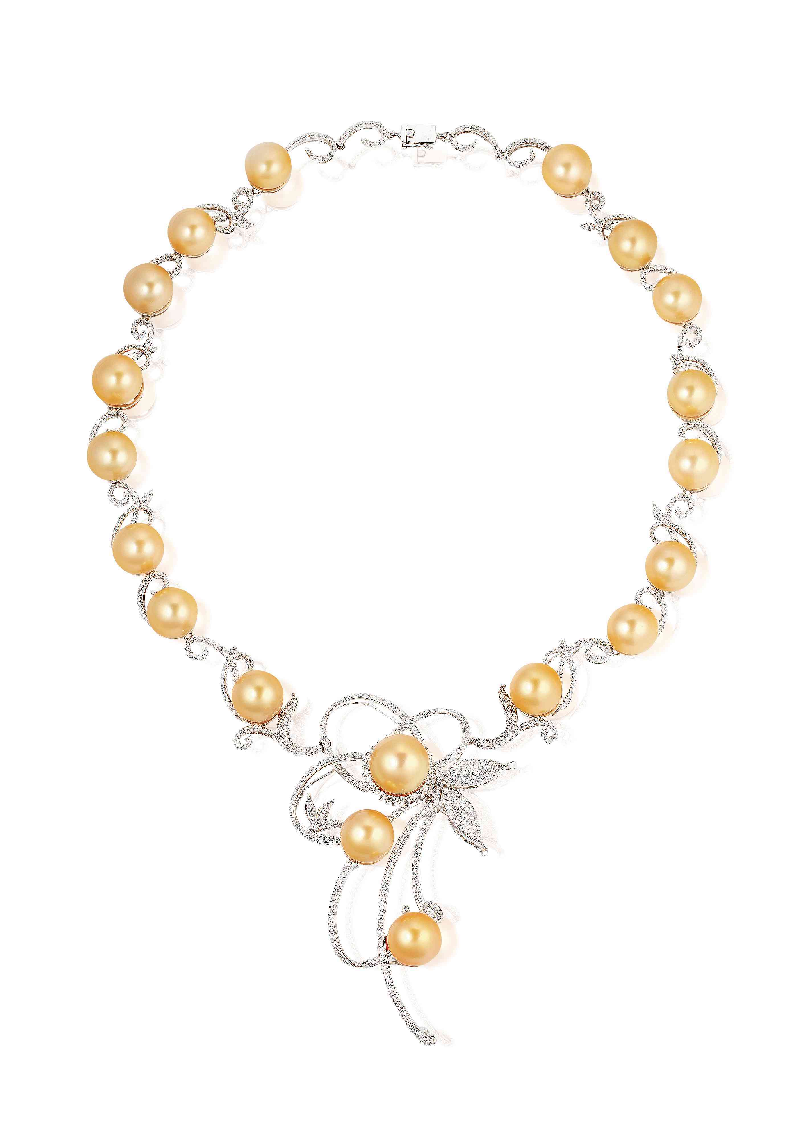 金色南洋珍珠配钻石项链