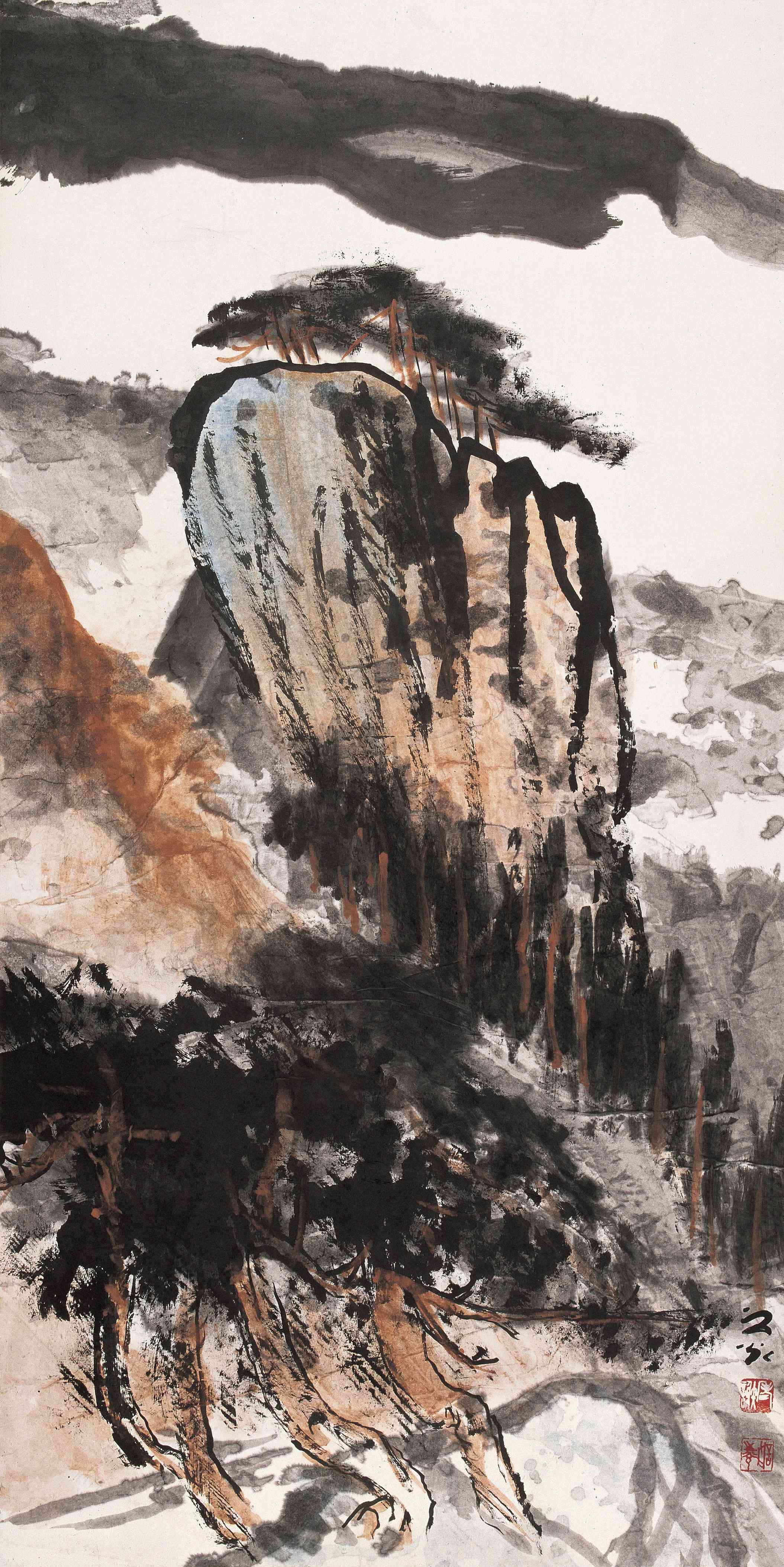 云岭青松尺寸:135×66cm款识:之光.印文:老谢,谢之光印