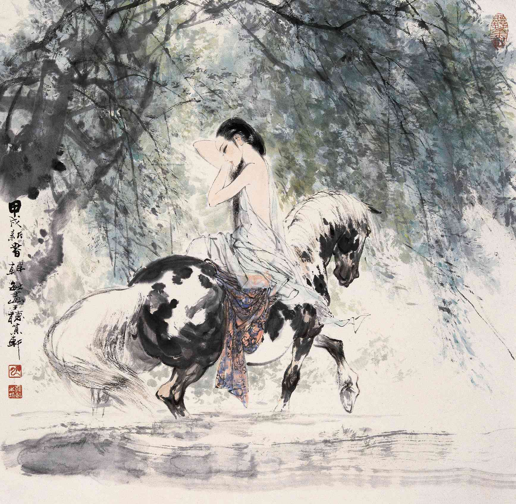 马上浴女尺寸:58×60cm款识:甲戌新春韩敏画于听蕉轩.