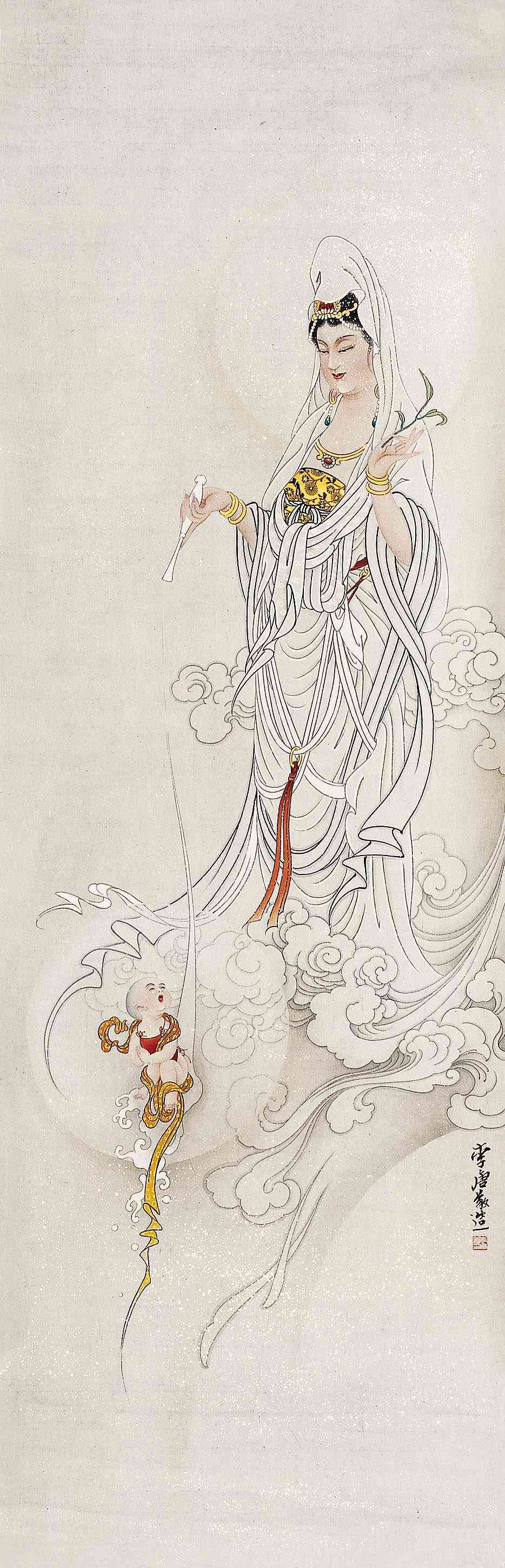 观音像尺寸:133×43cm款识:李唐敬造.印文:李唐私印