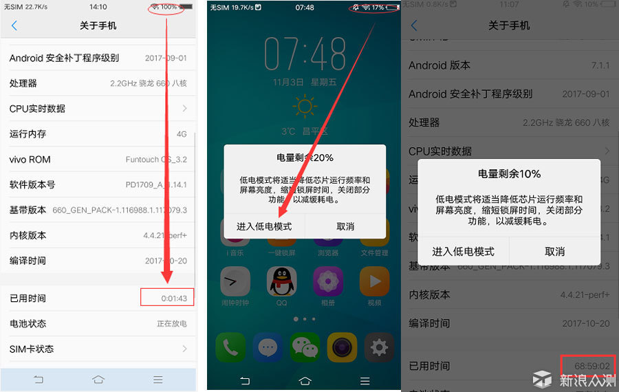 vivo x20手机待机状态69个小时,剩余10%电量,可以在低电量的时候选择